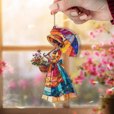 Flower Lady Acrylic Suncatcher, Woman with Umbrella Window Hanging, Colorful Spring Garden Art, Vintage Acrylic Home Decor Gift